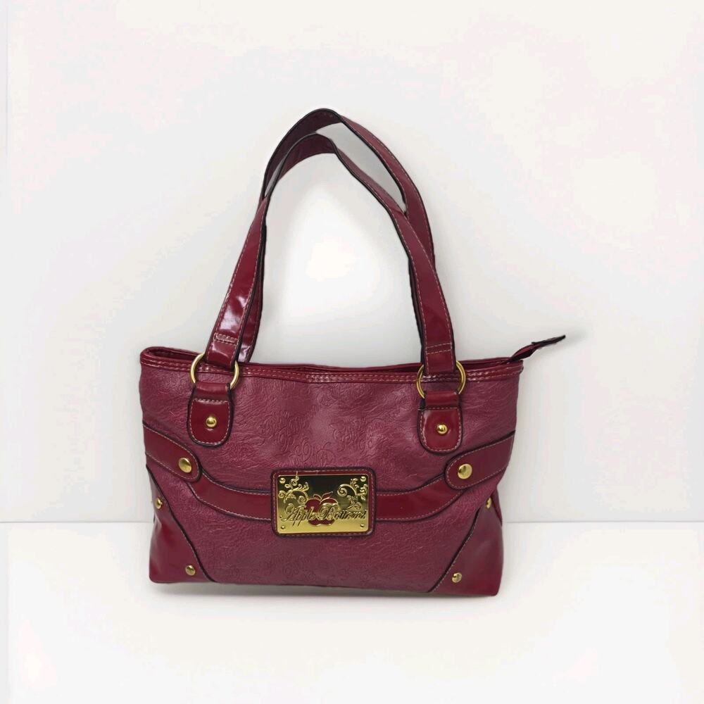 Apple Bottoms Burgundy Embossed Tote Bag Shoulder Purse Gold Tone Studded Y2K
